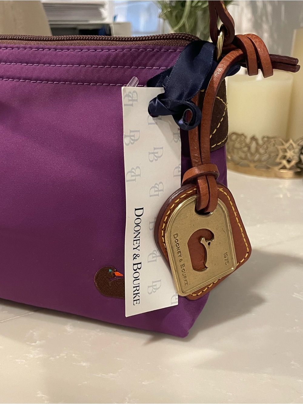 Dooney & Bourke Purple Nylon Shoulder Bag with Brown Leather Trim - Picture 2 of 7